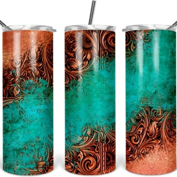 Western Chic Tooled Leather and Turquoise Insulated Tumbler - Picture 8 of 8